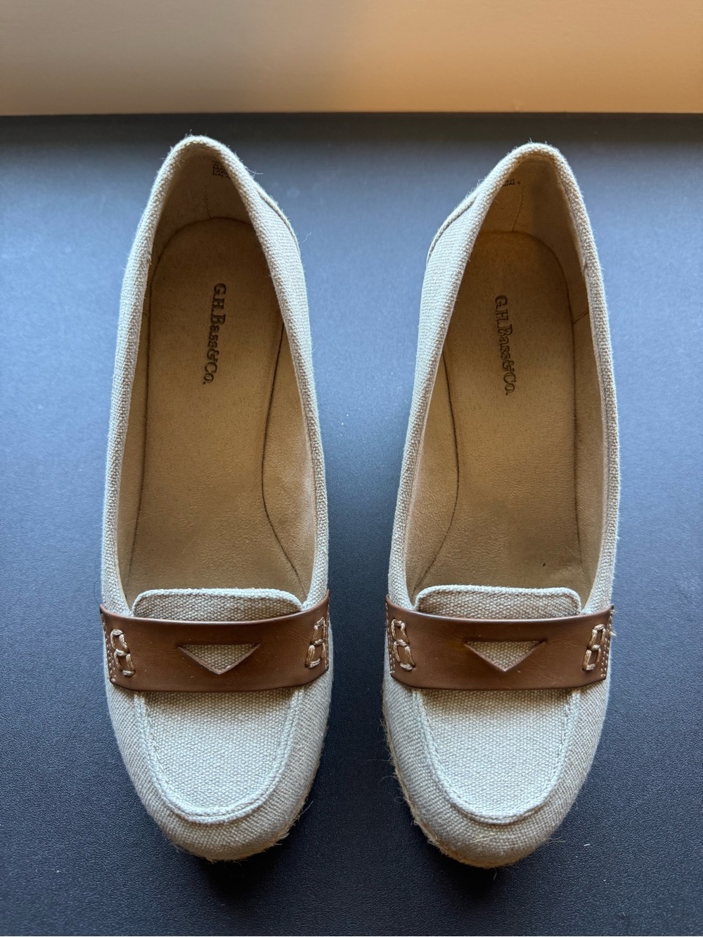 G.H. Bass & Co. Beige Canvas Wedge Loafers with Brown Trim